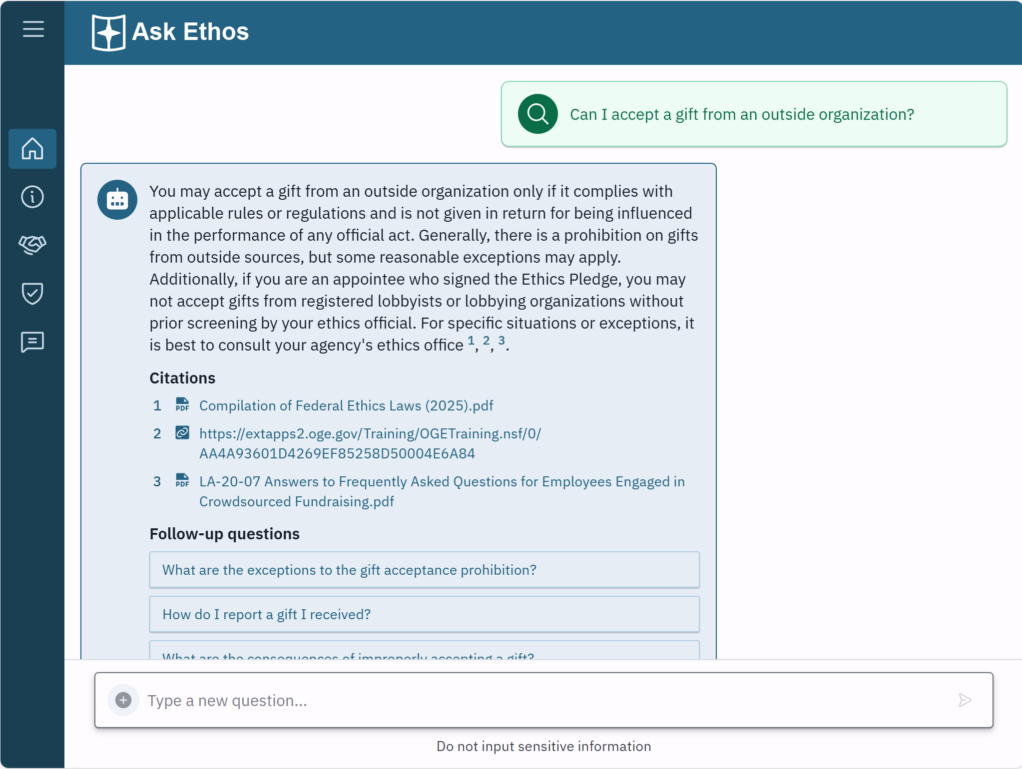 Ask Ethos desktop interface showing a question about gift acceptance with detailed response, citations, and follow-up questions
